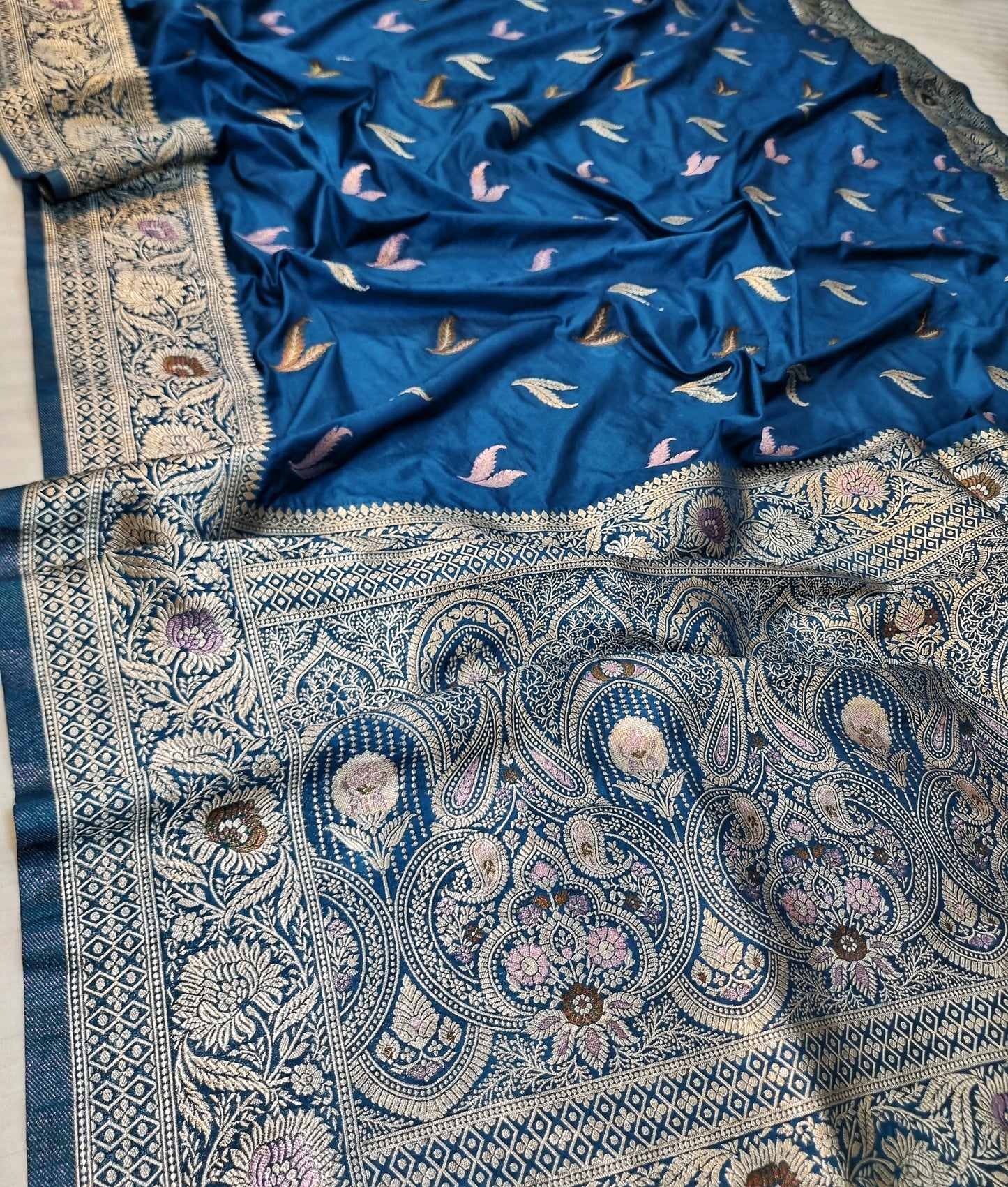 Katan Silk Blue Leaf Banarasi Saree