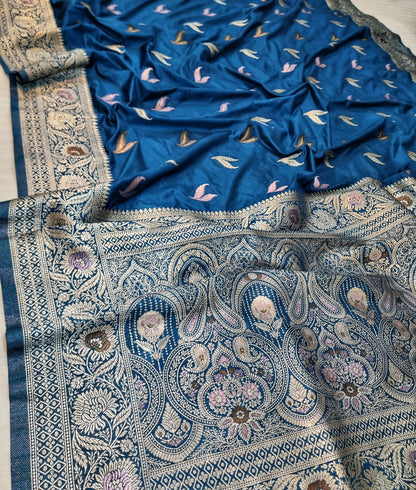 Katan Silk Blue Leaf Banarasi Saree