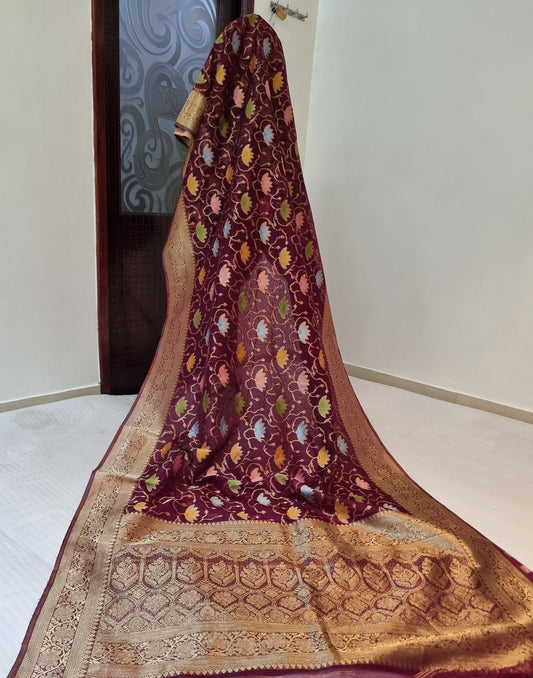 Organza Tissue Wine Banarasi Saree