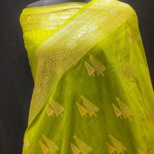 Banarasi Style Border Dola Silk Mehndi color Banarasi Saree.