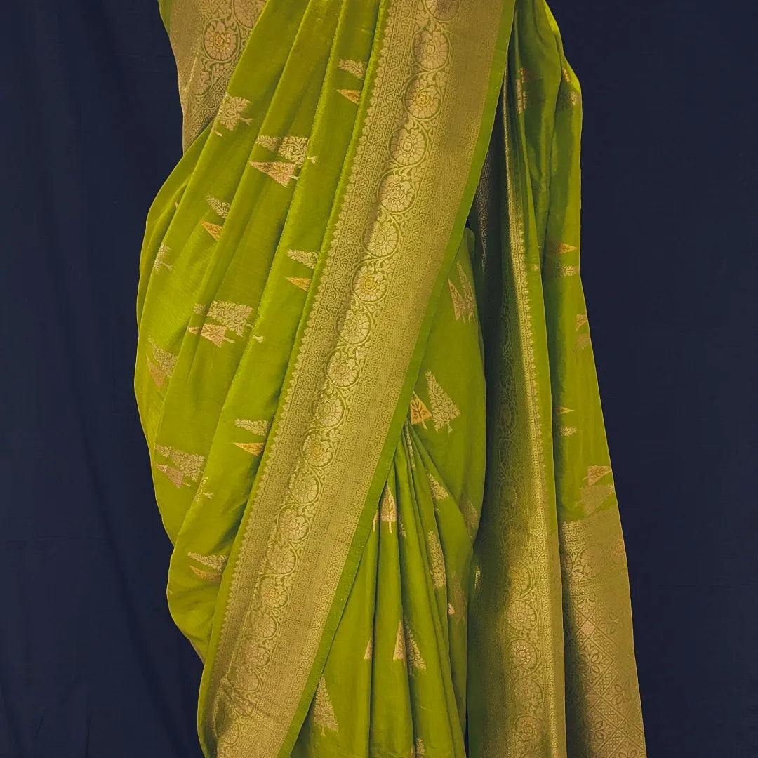 Banarasi Style Border Dola Silk Mehndi color Banarasi Saree.