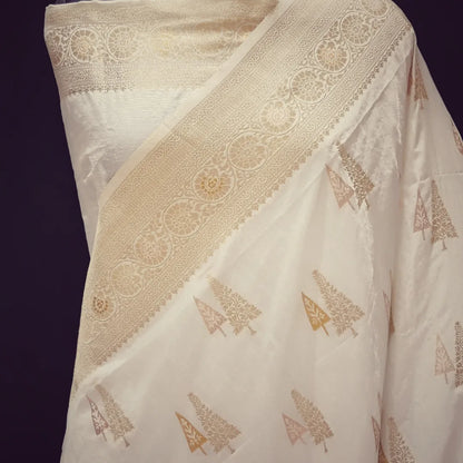 Banarasi Style Border Dola Silk Half White (Cream) color Banarasi Saree.