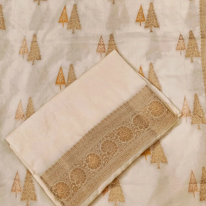 Banarasi Style Border Dola Silk Half White (Cream) color Banarasi Saree.