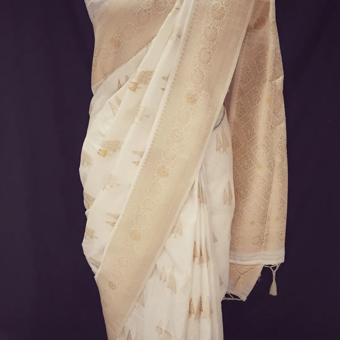 Banarasi Style Border Dola Silk Half White (Cream) color Banarasi Saree.