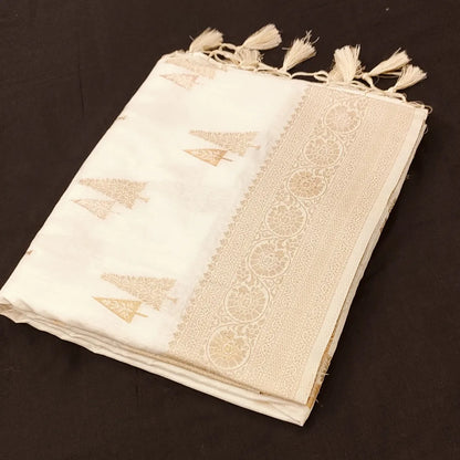 Banarasi Style Border Dola Silk Half White (Cream) color Banarasi Saree.