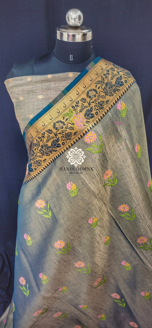 Linen Tissue German Blue Banarasi Saree