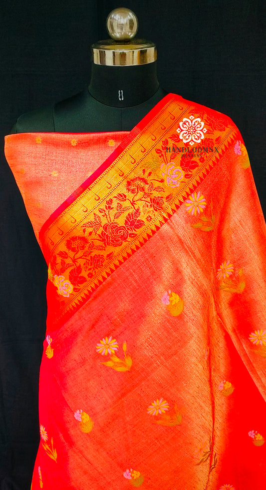 Linen Tissue Red Banarasi Saree