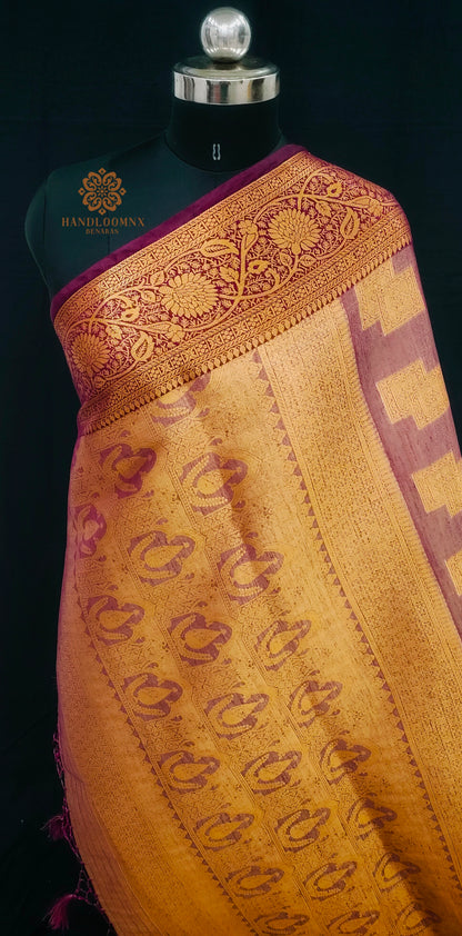 Linen Tissue Wine Colour Shadow Design Benarasi Saree