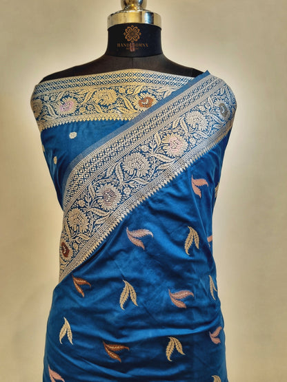 Katan Silk Blue Leaf Banarasi Saree