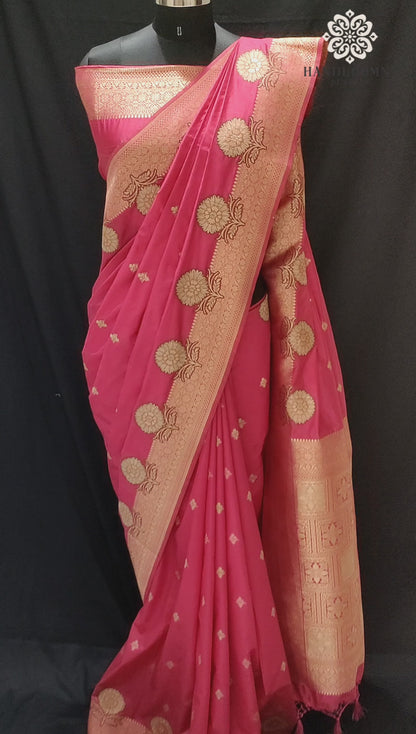 Banarasi Border Dola Silk Rani Pink Banarasi Saree